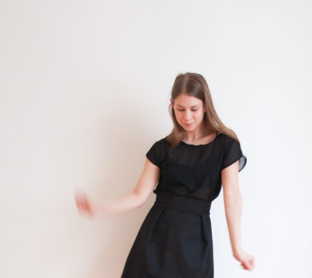 Black silk t-shirt blouse - Women's transparent loose fitted top - simple and elegant top XS