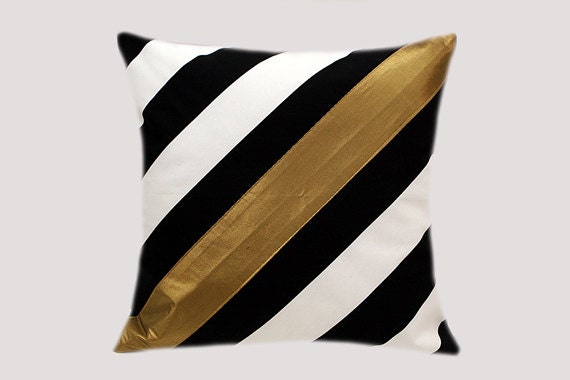 Thick Cotton Black-White diagonally striped Throw pillow case with Gold accent, fits 18"x 18" insert,  Cushion case, Toss pillow case.