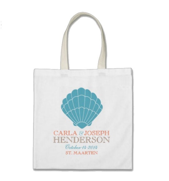 Beach Gift or Wedding Welcome Tote Bag - Personalized Classic Ocean Blue Seashell Tote Bag in Ocean Blue/Sunset Orange/Brown Sand