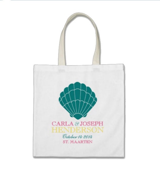 Beach Gift or Wedding Welcome Tote Bag - Personalized Classic Tide Teal Seashell Tote Bag in Tide Teal/Sunshine Yellow/Hot Pink