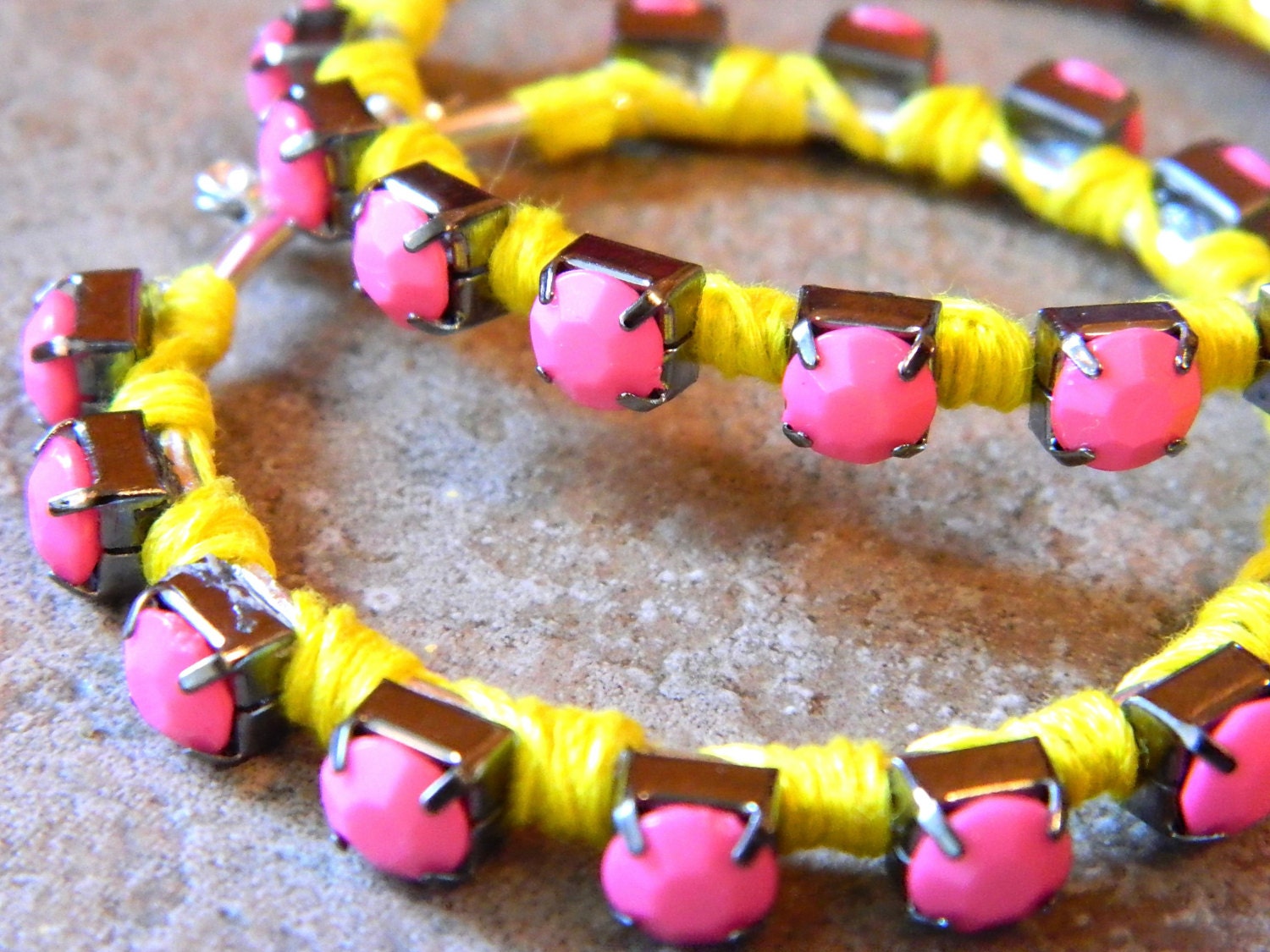 FREE SHIP Large Hoops with Pink Rhinestones and Neon Yellow