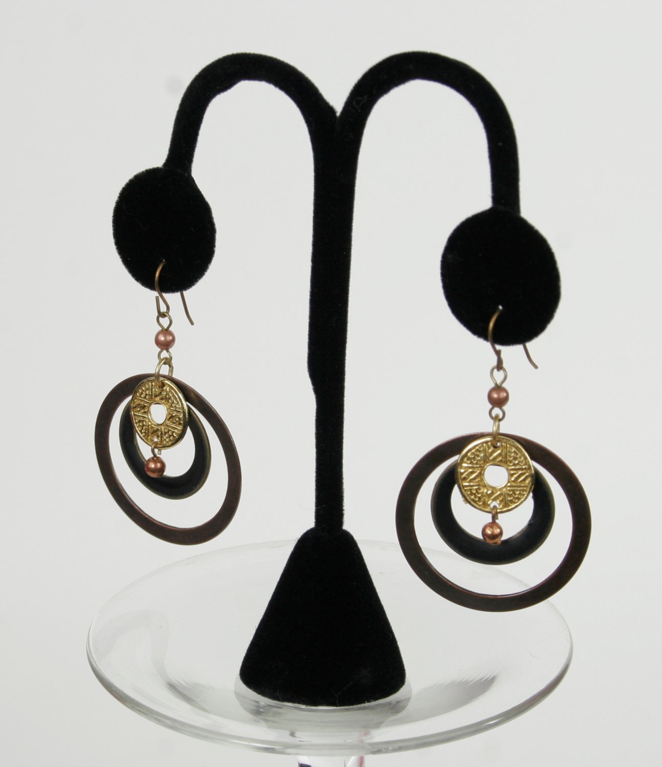 Vintage Futuristic / Sci Fi Circle & Coin Dangle Earrings In Goldtones and Copper Metallic Shades circa 1970s