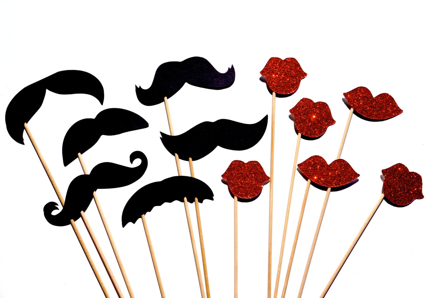 Photo Booth Props - Mustaches and Glitter Lips - 12 piece set - Ruby Red GLITTER Lips - Birthdays, Weddings, Parties - Photobooth Props
