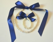 Flower girl jewelry set ribbon adjustable necklace and stretchy bracelet with swarovski crystal balls wedding jewelry  flower girl gift