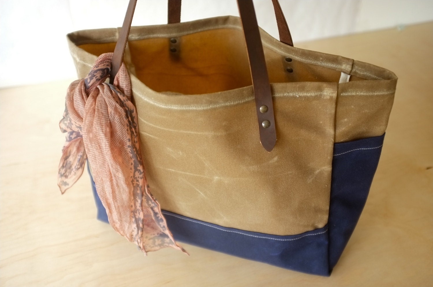 Waxed Canvas Tote - Boat Bag - Caramel / Blue - Weather Resistant