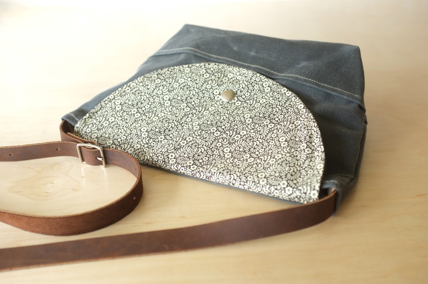 Small Waxed Canvas Shoulder Bag // Adjustable Leather Strap // Charcoal Grey and Floral Print