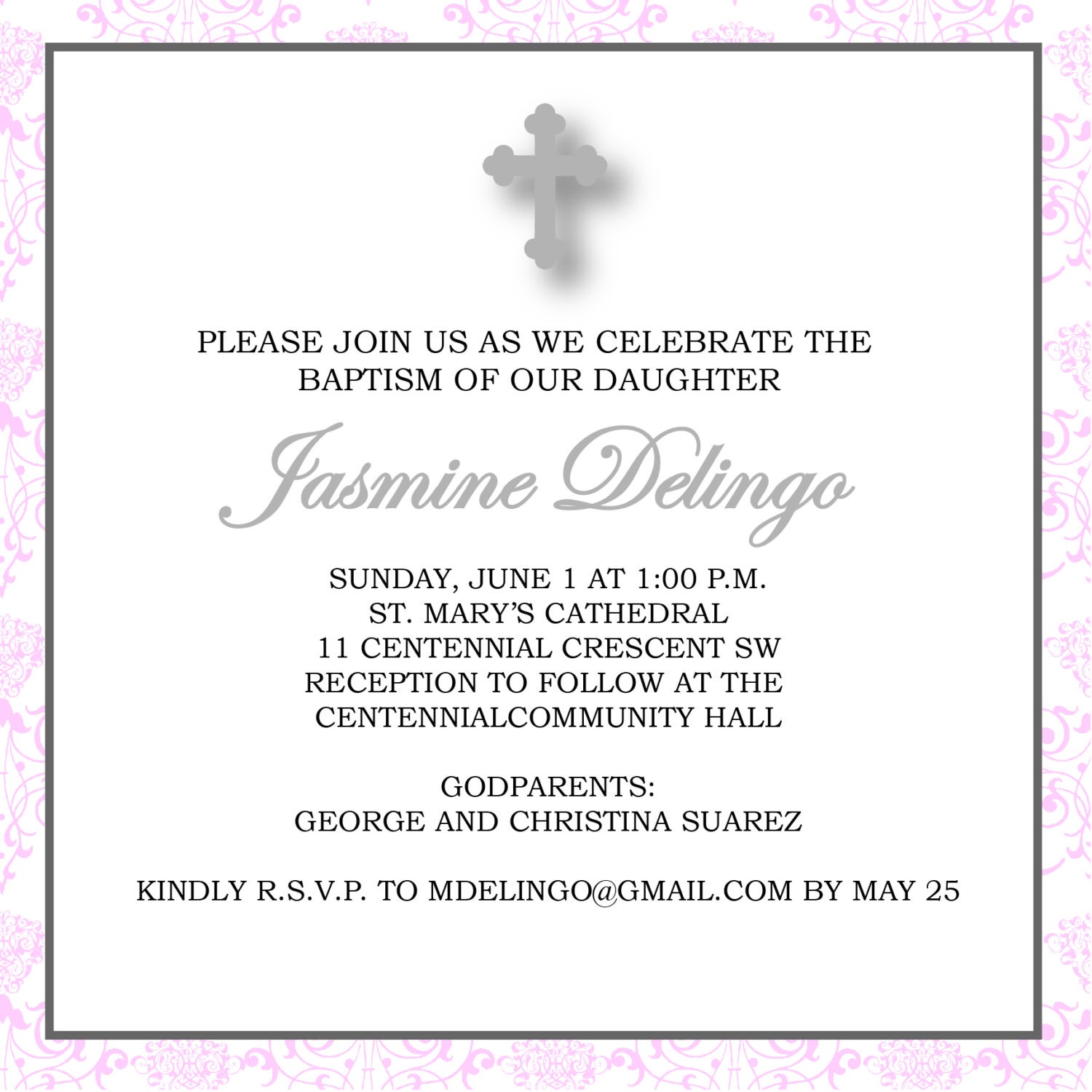 Custom Damask Christening Baptism Baby Girl Invitation - DIY Printable Birthday Party Digital Invite