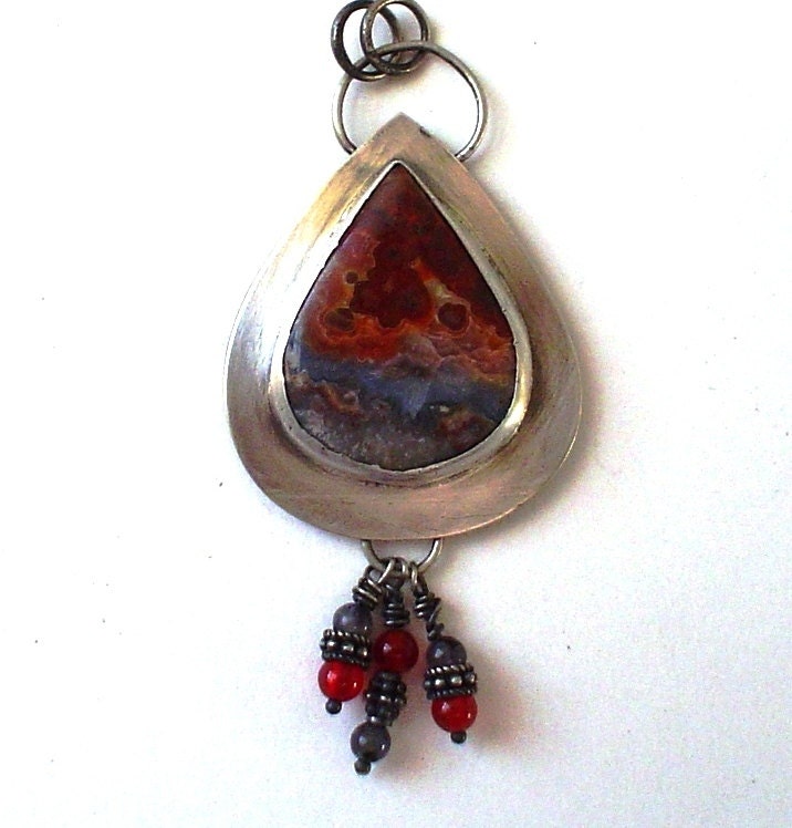 Sterling and Crazy Lace Agate Pendant with Carnelian and Iolite Beads, One of a Kind, Metalwork, Gemstone Statement Necklace