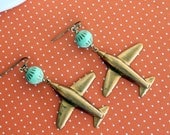 Mint green and brass vintage aeroplane earrings