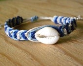 Blue Shell Hemp Bracelet - Macrame Hemp Bracelet with Cowrie Shell - Nautical Beach Jewelry - Natural Eco Jewelry - Adjustable, Unisex