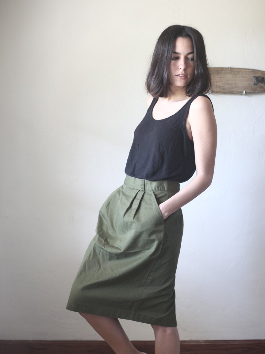 Army Green High Waisted Pleat Skirt - Ren