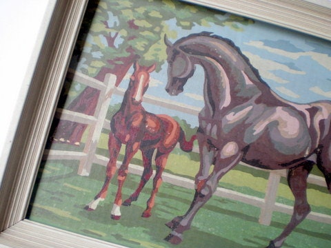 Vintage 50s paint by number PBN horse and foal / framed picture painting / Kentucky Thoroughbreds