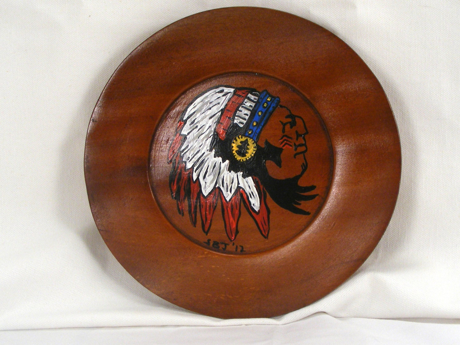 Native American Chief Hand Painted on Upcycled Wooden Plate