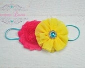 Pink and Yellow Baby Headband - Hot Pink - Shabby Flowers - Aqua - Infant Headband - Summer Headband - Bright Yellow