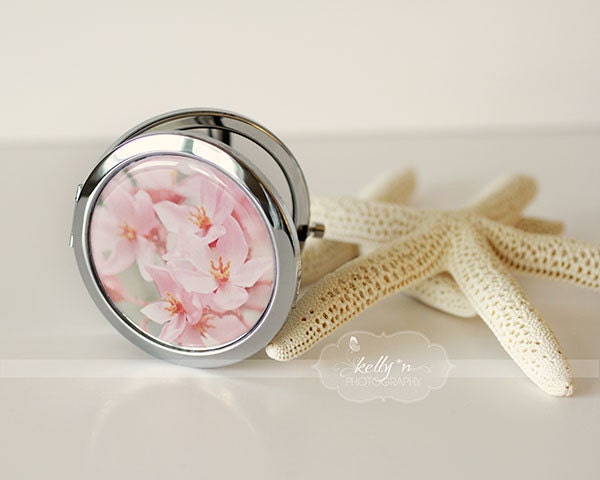 Photo Mirror Compact- "Curlie Cues", Pink and Orange Flowers Photograph, 3" Double Sided Mirror- Engravable Gift Item