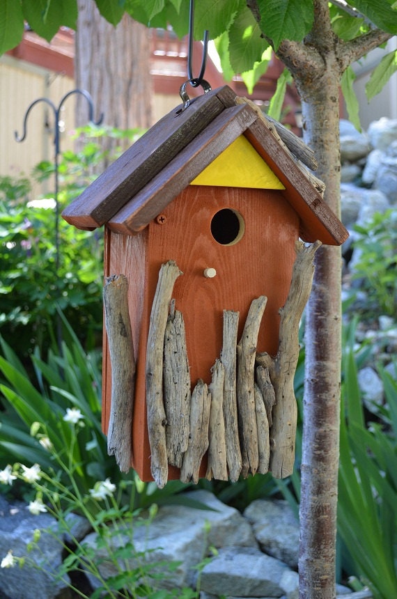 Birdhouse Handmade Rustic Wood Bird House Woodworking Garden Art Yard Ornament Birds Habitat - Free Shipping