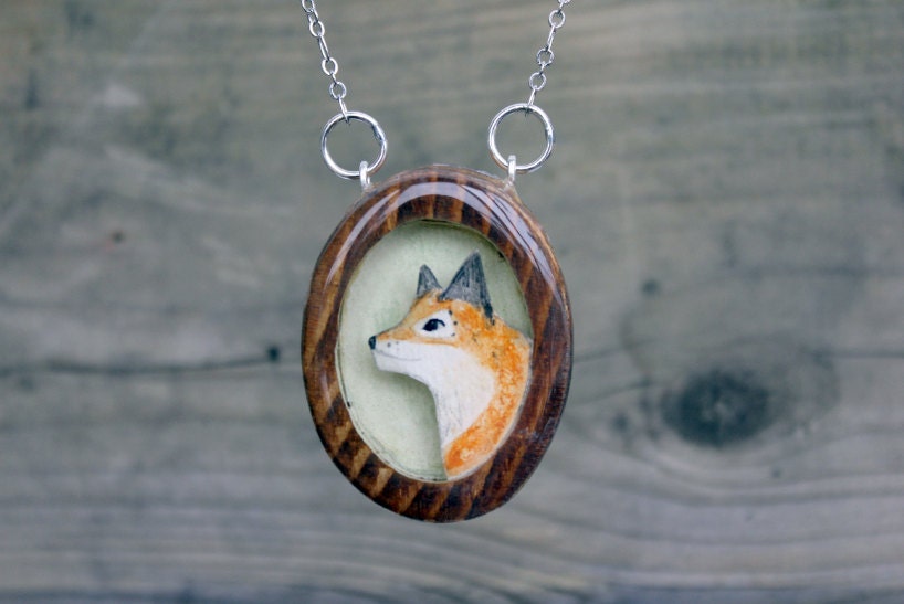 Framed Fox Necklace- Hand painted wood fox necklace- reclaimed wooden fox necklace
