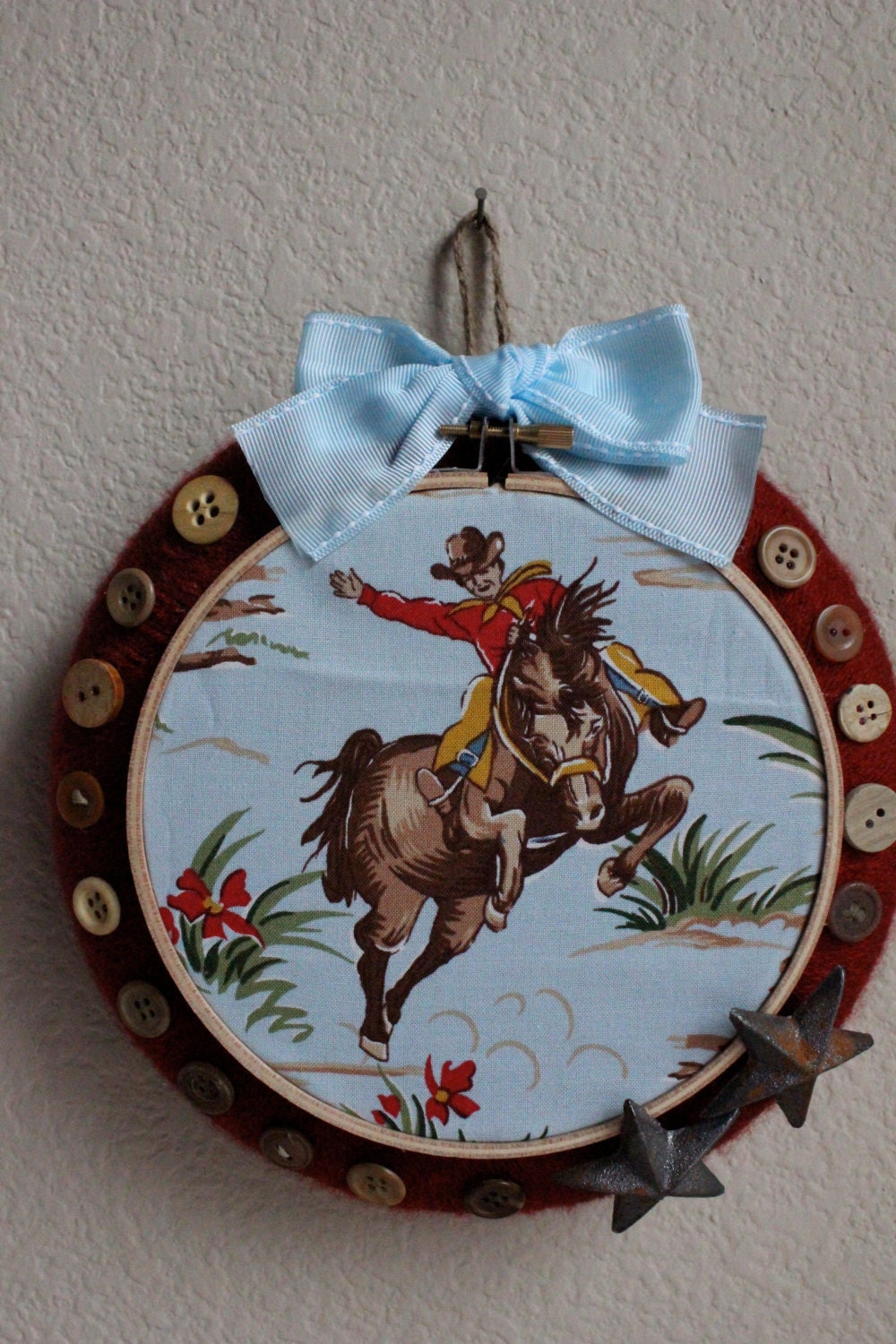 Ready to Ship - 8 inch Cowboy Embroidery Hoop Wreath by HotGlueHangover