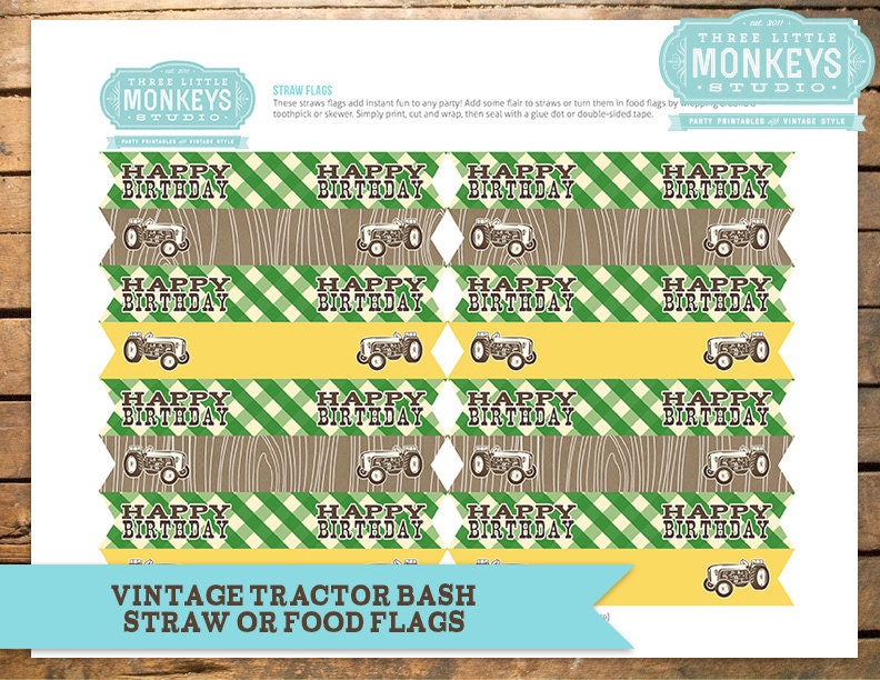 Vintage Tractor Bash Straw Flags or Food Flags