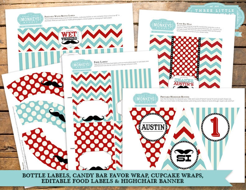 Vintage Little Man Mustache Birthday Party Pack  with 30 items