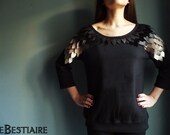 Black cotton sweat shirt embroidered with leather feathers