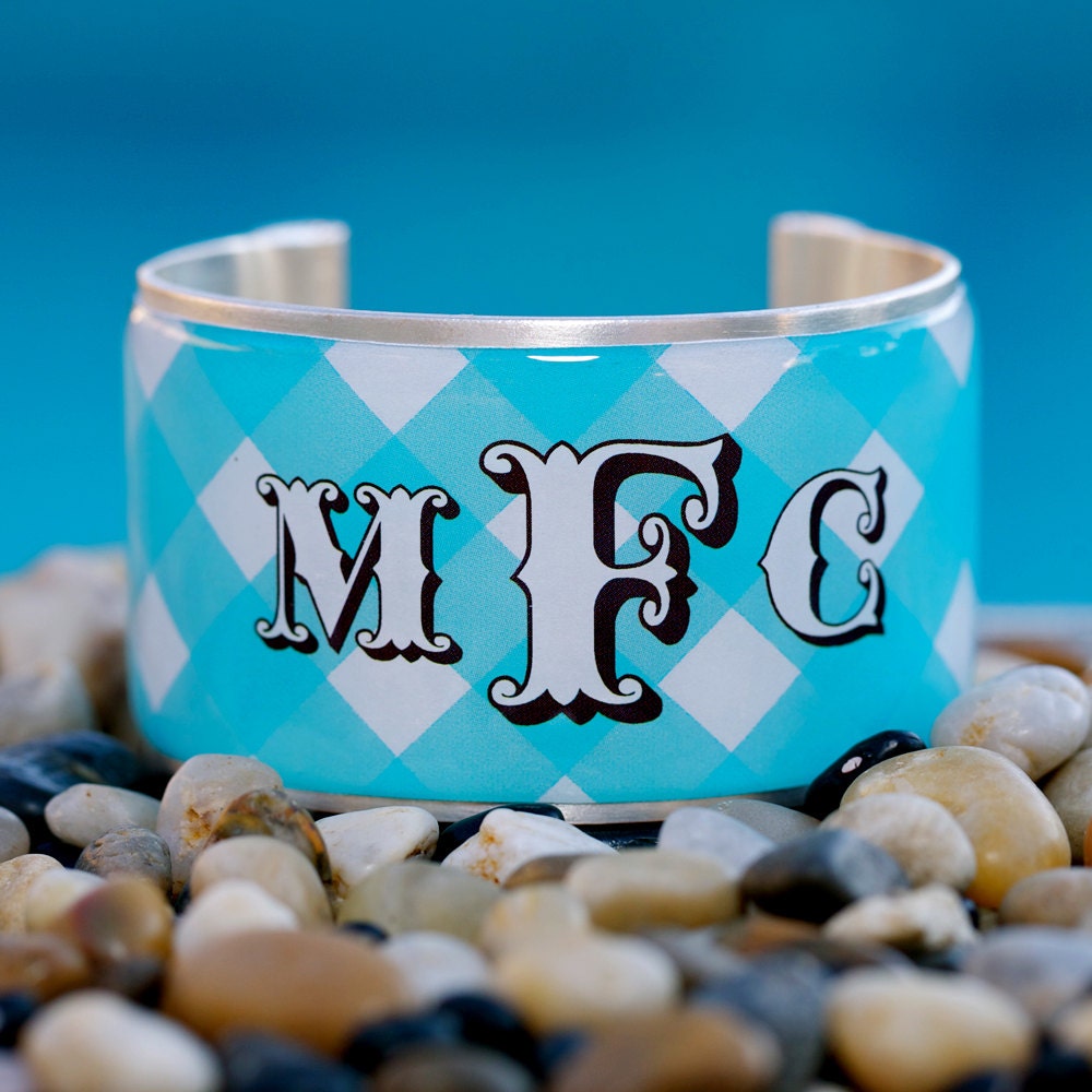 Rustic Cuff Monogram Cuff Bracelet - Blue and white with cowboy font - M2-01