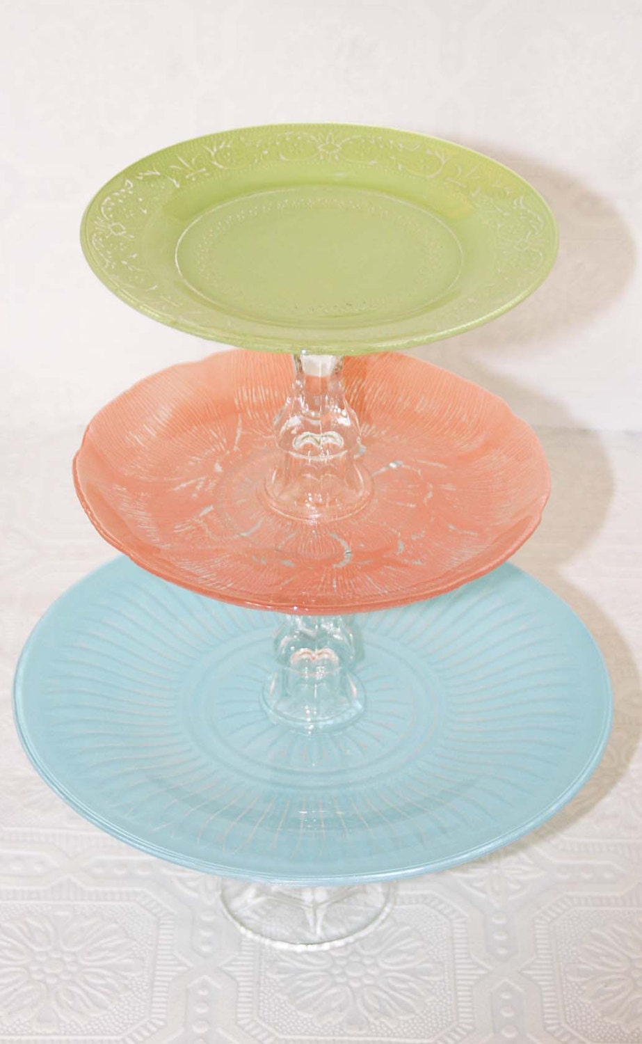Tiffany Blue Coral & Lime Green ThreeTier Vintage Reclaimed Cupcake Stand