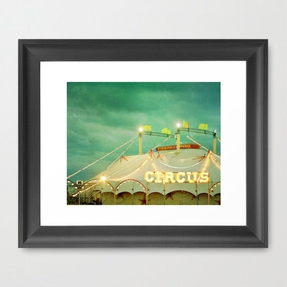 25% Off SALE Circus. 8x10 Carnival Photograph. fair, whimsical, green, yellow, lights, home decor. bokeh, mint, green, turquoise