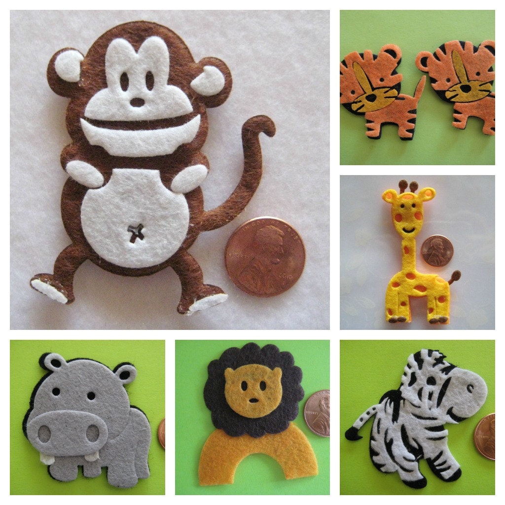 Assorted Felt Animal Ornaments Monkey, Giraffe, Tiger, Lion, Hippo and Zebra for Safari / Jungle Themed, Christening Party Favors, 6 pieces