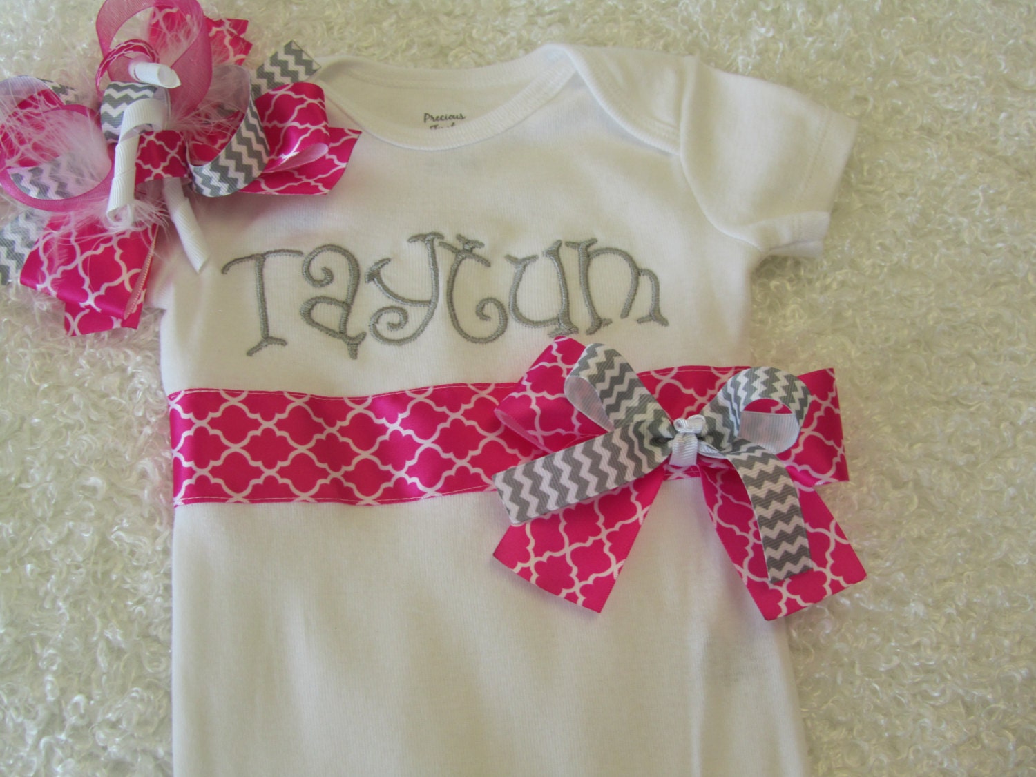Baby Girl Monogram Onesie Set (hot pink, gray satin)