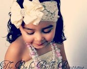 Baby Girl fancy  Cream -Ivory double ruffle bow ,lace headband, ,Baby Headbands.Girl Headbands.