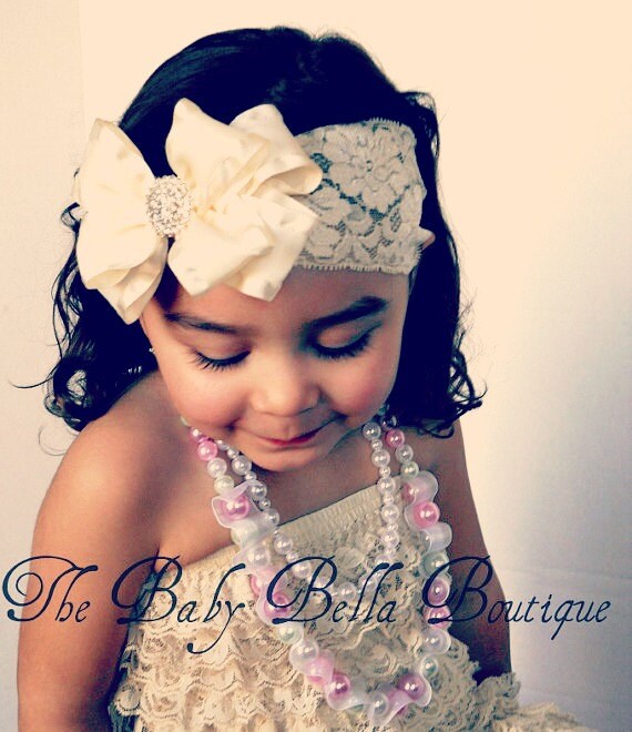 Baby Girl fancy Cream -Ivory double ruffle bow ,lace headband, ,Baby Headbands.Girl Headbands.