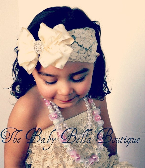 Baby Girl fancy Cream -Ivory double ruffle bow ,lace headband, ,Baby Headbands.Girl Headbands.