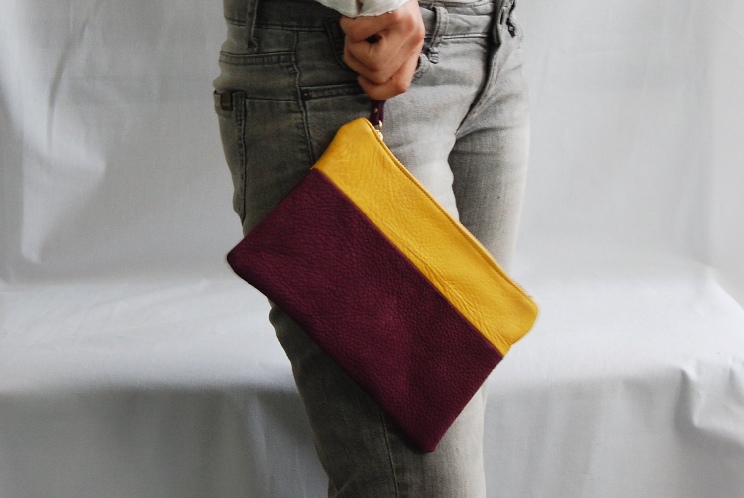 LEATHER clutch, Purple and yellow make up purse