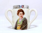 Art Nouveau Miniature Cup, Small Porcelain 3-Handled Tyg with Exquisite Geisha Girl, Silver Rim, Birmingham 1905