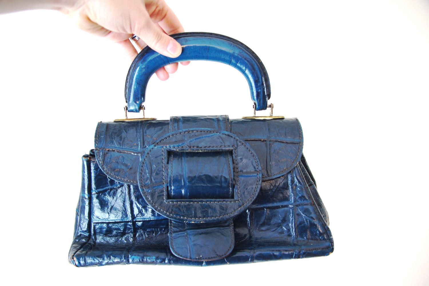 Vintage 1960s Blue Faux Croc Purse