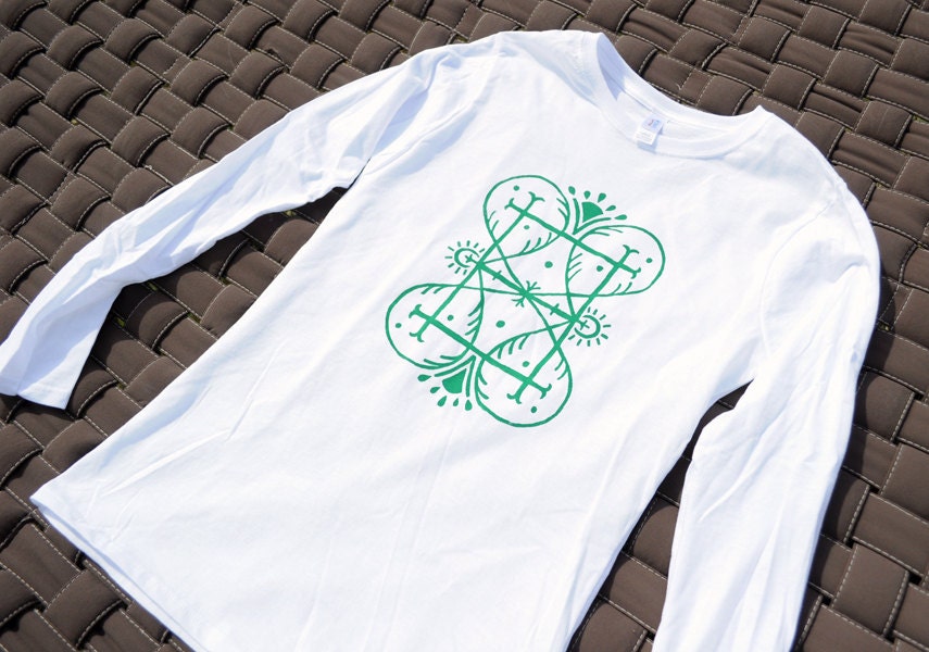 White Long Sleeve T-shirt with Kelly Green Decorative Screen Print - Women's Medium