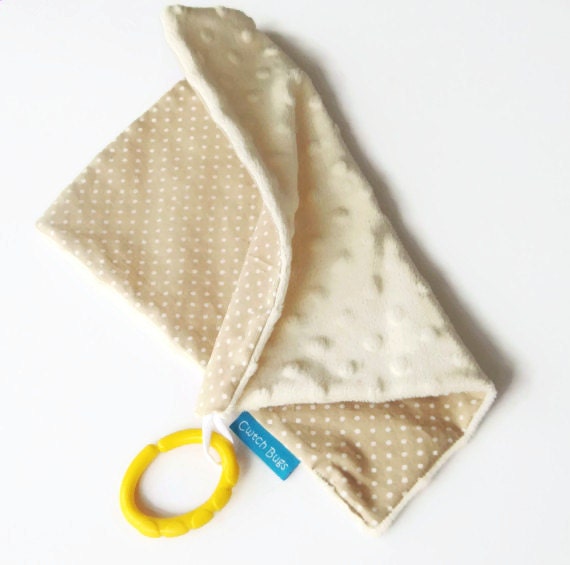 Baby Comforter Security Blanket Lovey in Beige Polka Dots and Minky -  A Gender Neutral Cwtch Bugs original for babies on the go..