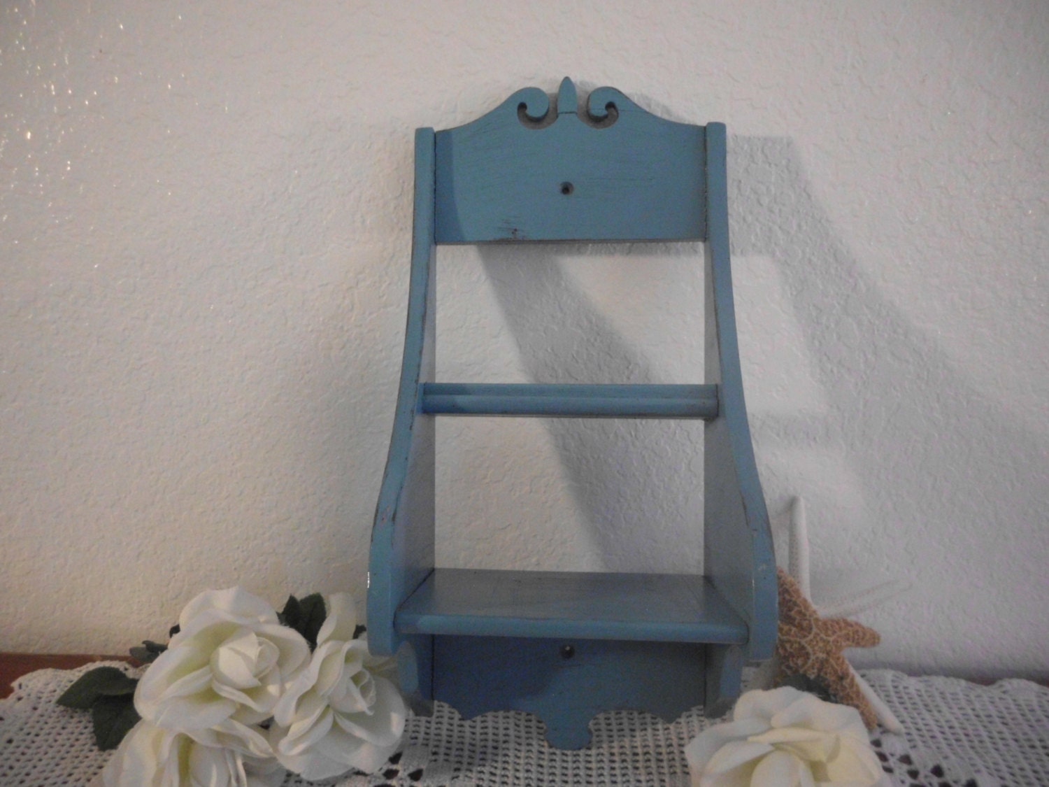 Beach House Turquoise Aqua Teal Blue Shelf Wood Wall Hanging Cottage Coastal Spa French Country Farmhouse Home Decor Upcycled Vintage