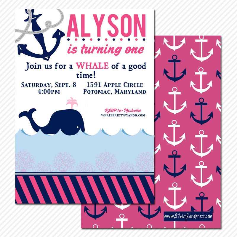 PREPPY WHALE Birthday Invitation, Pink and Navy, Nautical , Custom Printable Il_570xn