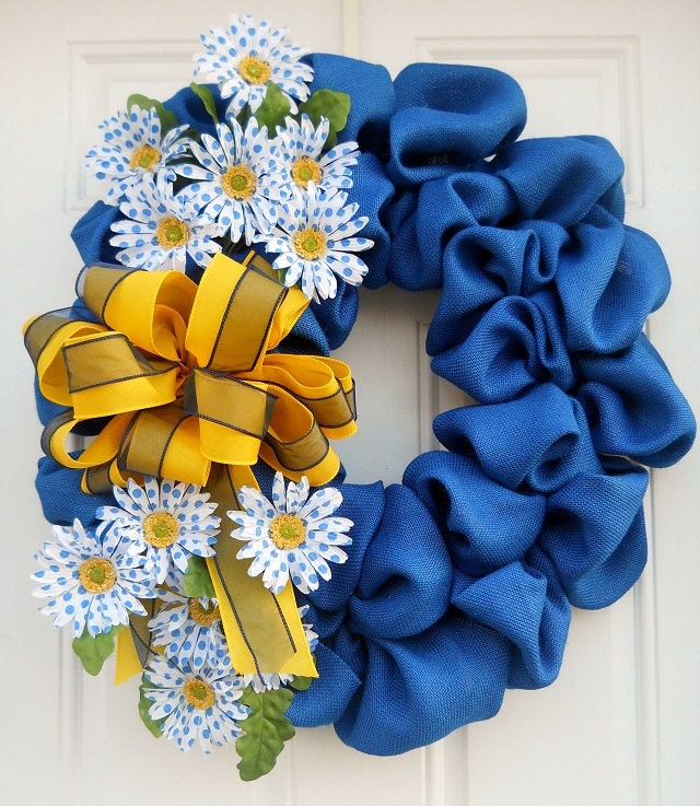 Royal Blue Polka Dot Daisy Burlap Wreath