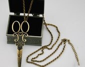 BIG LARGE antique victorian scissors Long Necklace, Double-Sided bronze brass scissors Pendant, scissors Jewelry