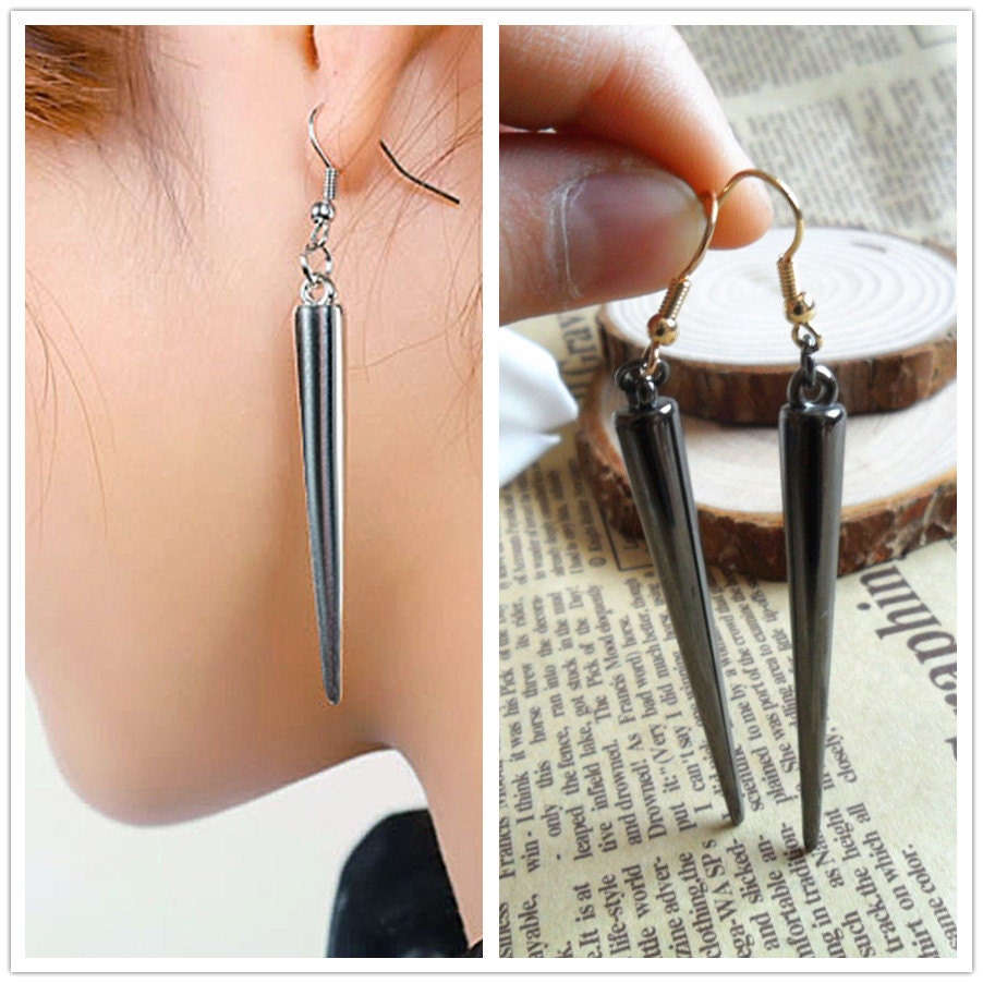Spike Earring- BIG Metallic Gun Black Spiked Rivet Hanging Stud Dangle Statement Metal Long  Steampunk Earrings PIERCING, Goth Spike Jewelry