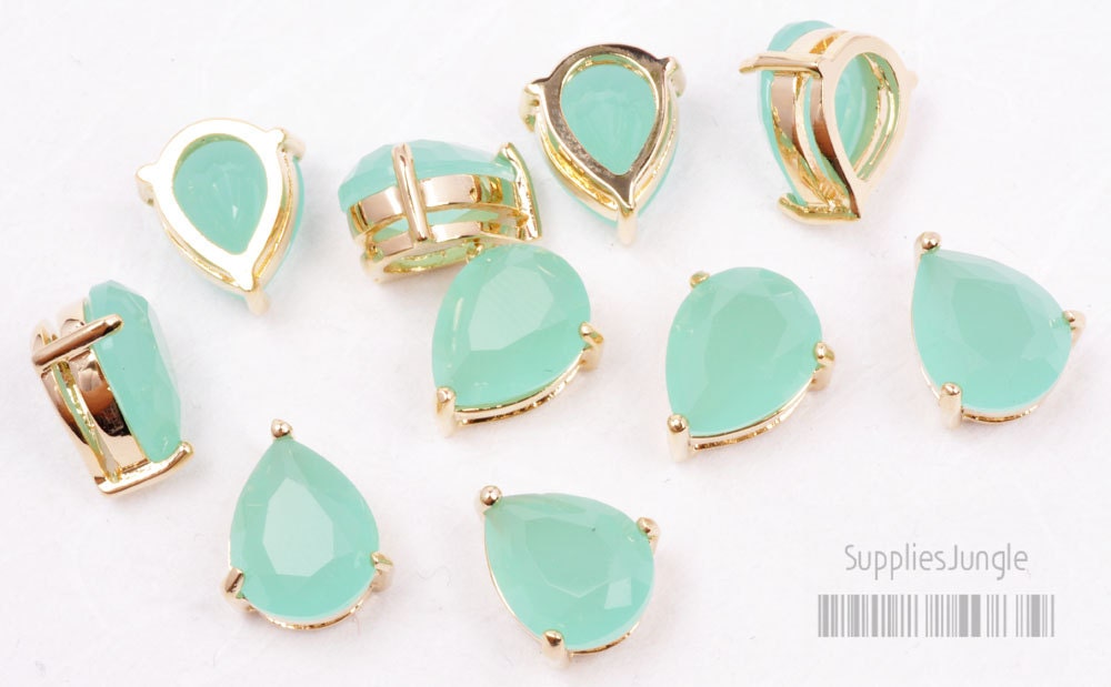 F116-G-MT// Mint 16k Gold Plated Framed Faceted Teardrop Glass Pendant, 2 pcs