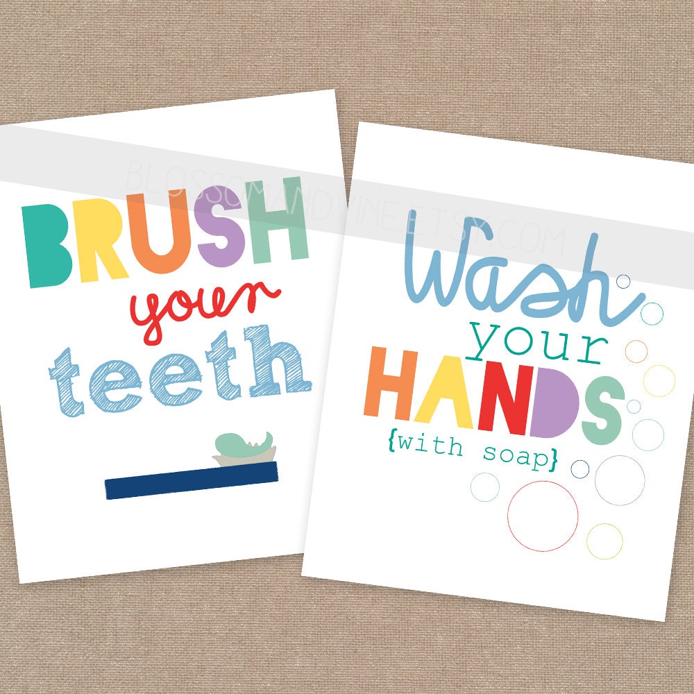 Bathroom Prints - Brush your teeth, Wash your hands 8x10 wall art decor