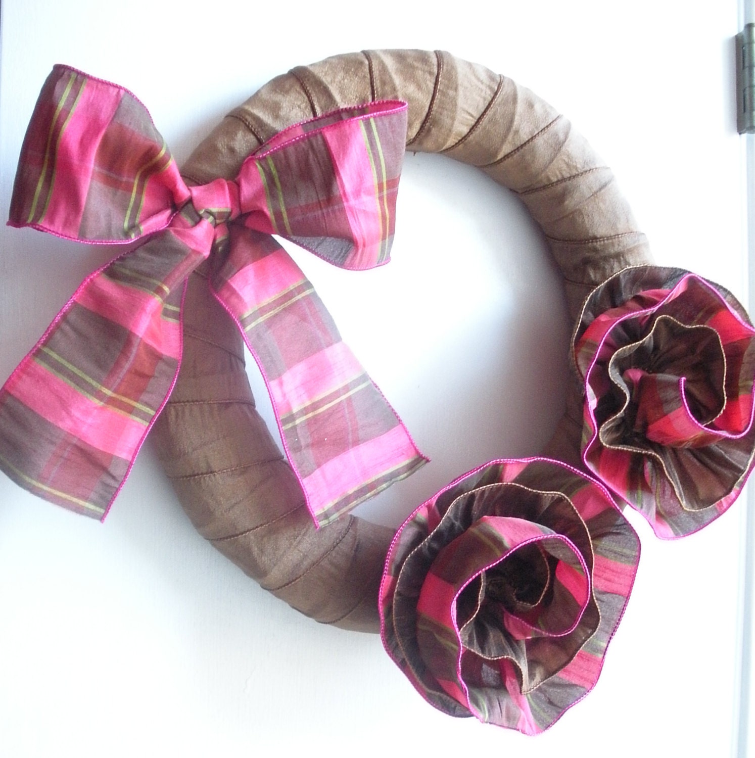 Sale Door wreath with pink and brown handmade ribbon flowers