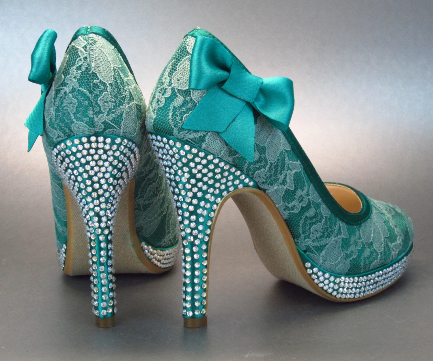 Wedding Shoes -- Jade Platform Shoes With Lace Overlay, Silver Swarovski Crystals on Heel and Platform and Matching Jade Bow