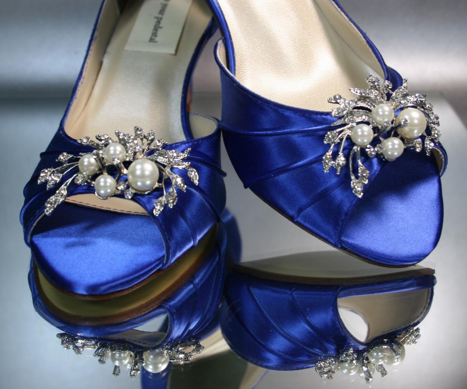 Wedding Shoes --  Royal Blue Peeptoes with Rhinestone and Pearl Adornment