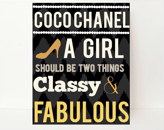 Coco Chanel Quote A Girl Should Be Two Things Inspirational Wall Art Typography Gift For Fashionista, Black, Dorm Room Decor