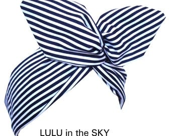 Navy Blue & White Stripe Sailor Girl Nautical wire ROCKABILLY Headband Pin up Hair Wrap